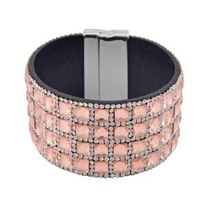 Peach Glass and Austrian Crystal Bracelet with Magnet Clasp in Silvertone